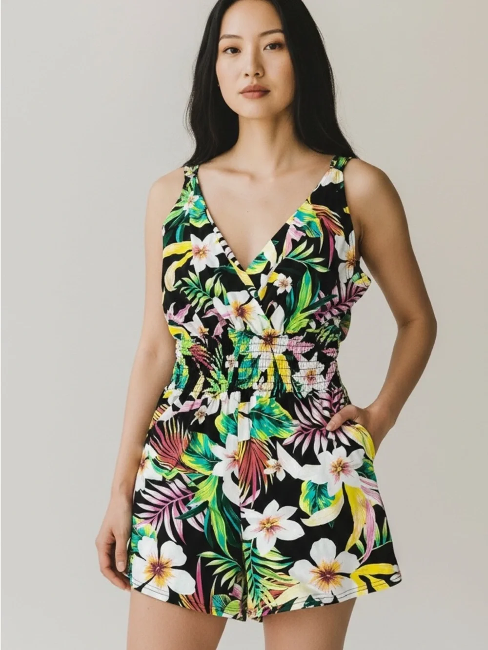C-Mode - EC - Floral V-Neck Smocked Romper - Black Multi - Picture 4 of 4